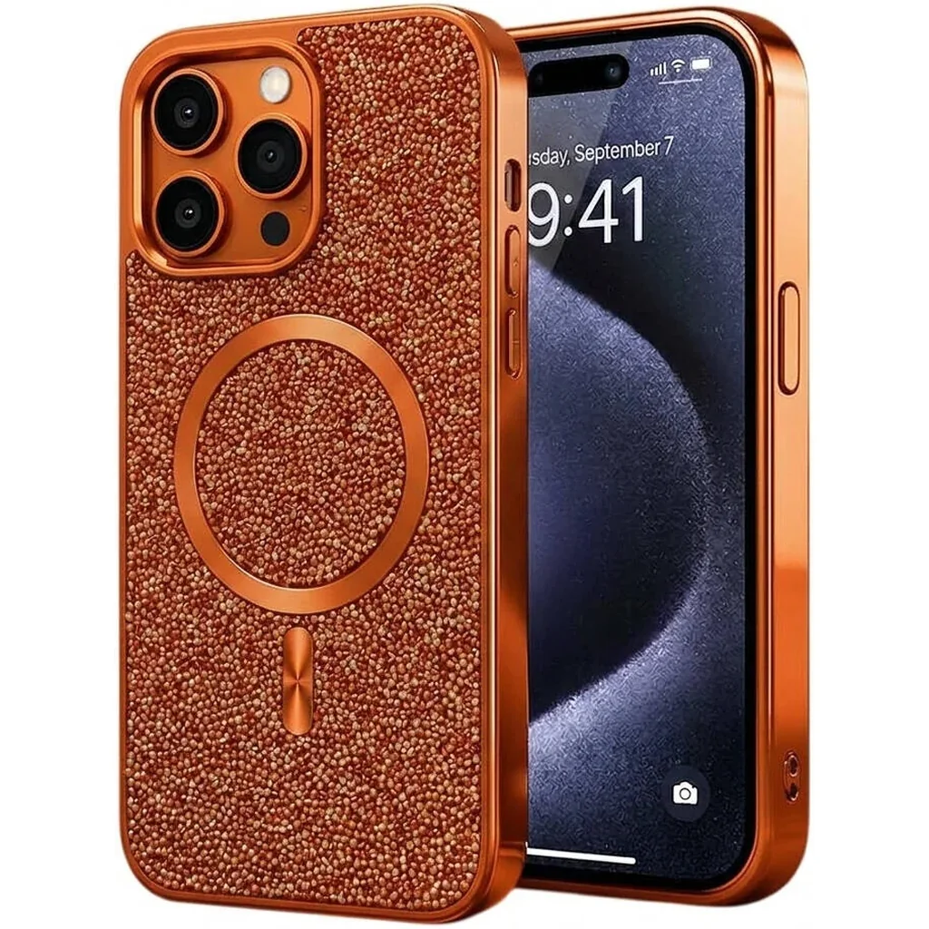 CROWNYX GlamAura Glitter Case for Iphone 15 Pro Max, Magsafe Compatible, Bling Sparkle Shockproof Phone, Bumper Cover, Orange | IP15PM-MGSF-GA-ORG