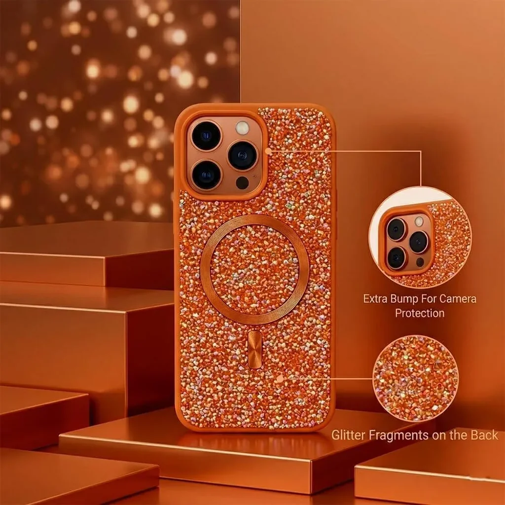 CROWNYX GlamAura Glitter Case for Iphone 15 Pro Max, Magsafe Compatible, Bling Sparkle Shockproof Phone, Bumper Cover, Orange | IP15PM-MGSF-GA-ORG - Image 3