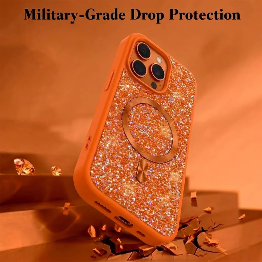 CROWNYX GlamAura Glitter Case for Iphone 15 Pro Max, Magsafe Compatible, Bling Sparkle Shockproof Phone, Bumper Cover, Orange | IP15PM-MGSF-GA-ORG - Image 4