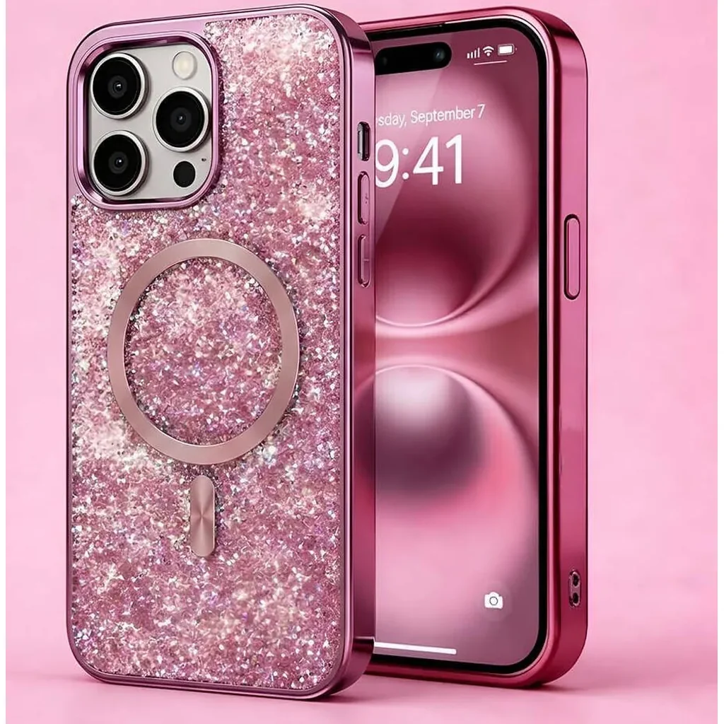 CROWNYX GlamAura Glitter Case for Iphone 15 Pro Max, Magsafe Compatible, Bling Sparkle Shockproof Phone, Bumper Cover, Pink | IP15PM-MGSF-GA-PNK - Image 5