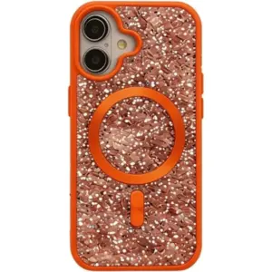 CROWNYX GlamAura Glitter Case for Iphone 16, Magsafe Compatible, Bling Sparkle Shockproof Phone, Bumper Cover, Orange | IP16-MGSF-GA-ORG