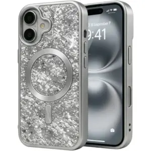 CROWNYX GlamAura Glitter Case for Iphone 16, Magsafe Compatible, Bling Sparkle Shockproof Phone, Bumper Cover, Silver | IP16-MGSF-GA-SIL