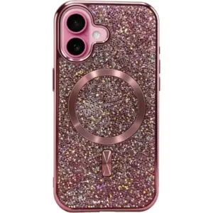 CROWNYX GlamAura Glitter Case for Iphone 16, Magsafe Compatible, Bling Sparkle Shockproof Phone, Bumper Cover, Pink | IP16-MGSF-GA-PNK
