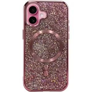 CROWNYX GlamAura Glitter Case for Iphone 17, Magsafe Compatible, Bling Sparkle Shockproof Phone, Bumper Cover, Pink | IP17-MGSF-GA-PNK
