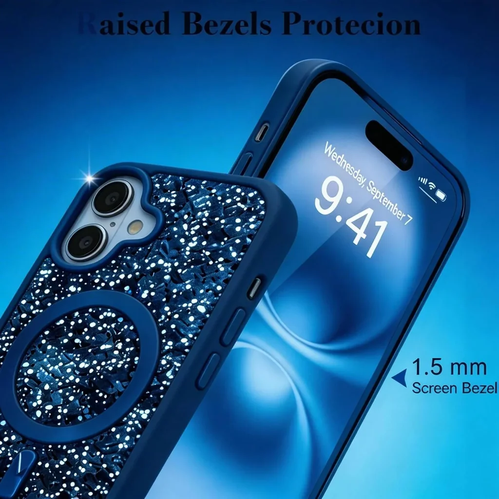 CROWNYX GlamAura Glitter Case for Iphone 17, Magsafe Compatible, Bling Sparkle Shockproof Phone, Bumper Cover, Blue | IP17-MGSF-GA-BLU - Image 4