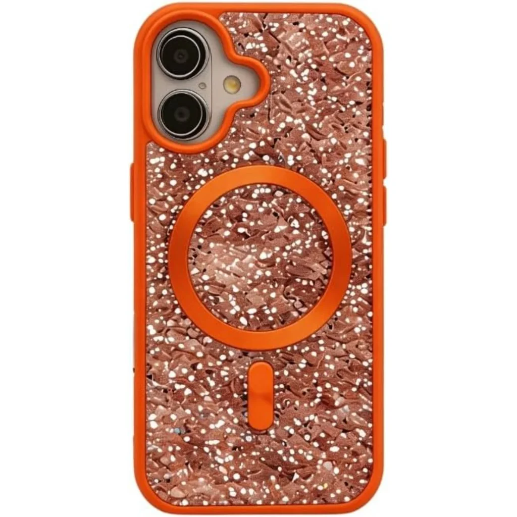 CROWNYX GlamAura Glitter Case for Iphone 17, Magsafe Compatible, Bling Sparkle Shockproof Phone, Bumper Cover, Orange | IP17-MGSF-GA-ORG