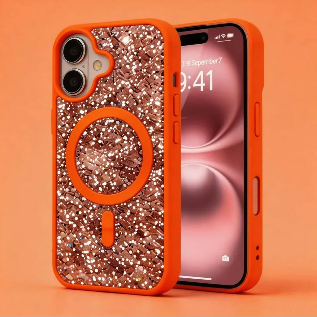 CROWNYX GlamAura Glitter Case for Iphone 17, Magsafe Compatible, Bling Sparkle Shockproof Phone, Bumper Cover, Orange | IP17-MGSF-GA-ORG - Image 4