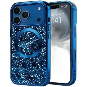 CROWNYX GlamAura Glitter Case for iPhone 17 Pro, MagSafe, Shockproof, Blue | IP17P-MGSF-GA-BLU