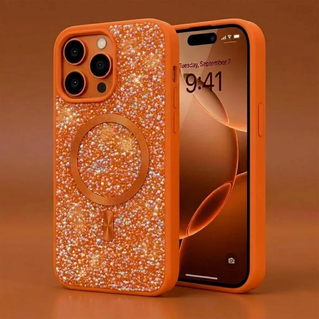 CROWNYX GlamAura Glitter Case for Iphone 16 Pro Max, Magsafe Compatible, Bling Sparkle Shockproof Phone, Bumper Cover, Orange | IP16PM-MGSF-GA-ORG - Image 4
