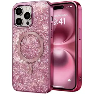 CROWNYX GlamAura Glitter Case for Iphone 16 Pro Max, Magsafe Compatible, Bling Sparkle Shockproof Phone, Bumper Cover, Pink | IP16PM-MGSF-GA-PNK