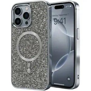 CROWNYX GlamAura Glitter Case for Iphone 16 Pro Max, Magsafe Compatible, Bling Sparkle Shockproof Phone, Bumper Cover, Silver | IP16PM-MGSF-GA-SIL