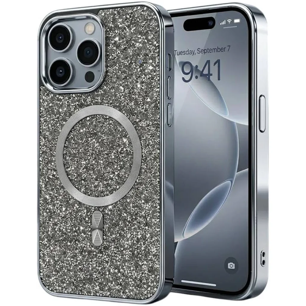CROWNYX GlamAura Glitter Case for Iphone 16 Pro Max, Magsafe Compatible, Bling Sparkle Shockproof Phone, Bumper Cover, Silver | IP16PM-MGSF-GA-SIL