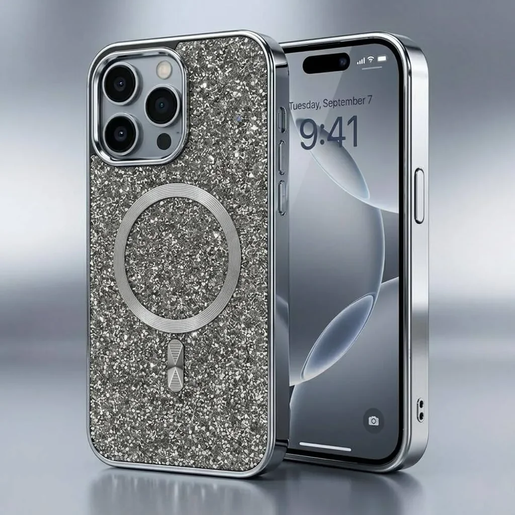 CROWNYX GlamAura Glitter Case for Iphone 16 Pro Max, Magsafe Compatible, Bling Sparkle Shockproof Phone, Bumper Cover, Silver | IP16PM-MGSF-GA-SIL - Image 3