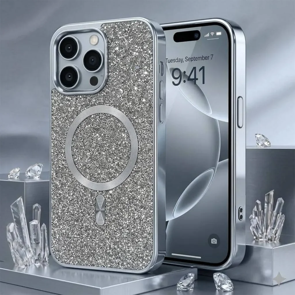 CROWNYX GlamAura Glitter Case for Iphone 16 Pro Max, Magsafe Compatible, Bling Sparkle Shockproof Phone, Bumper Cover, Silver | IP16PM-MGSF-GA-SIL - Image 4