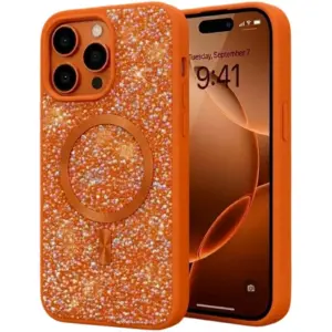 CROWNYX GlamAura Glitter Case for Iphone 16 Pro, Magsafe Compatible, Bling Sparkle Shockproof Phone, Bumper Cover, Orange | IP16P-MGSF-GA-ORG