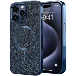 CROWNYX GlamAura Glitter Case for Iphone 16 Pro, Magsafe Compatible, Bling Sparkle Shockproof Phone, Bumper Cover, Blue | IP16P-MGSF-GA-BLU