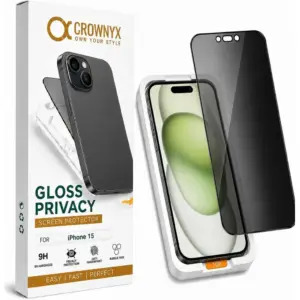 CROWNYX Privacy Screen Protector for iPhone 15, Dust free, Anti Finger Print, Shatter Proof, Scratch Resistant, Anti Spy Tempered Glass, Easy Installation Kit | IP-15-GPSP