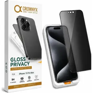 CROWNYX Privacy Screen Protector for iPhone 15 Pro Max, Dust free, Anti Finger Print, Shatter Proof, Scratch Resistant, Anti Spy Tempered Glass, Easy Installation Kit | IP-15PM-GPSP