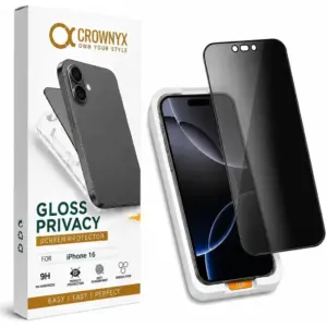 CROWNYX Privacy Screen Protector for iPhone 16, Dust free, Anti Finger Print, Shatter Proof, Scratch Resistant, Anti Spy Tempered Glass, Easy Installation Kit | IP-16-GPSP