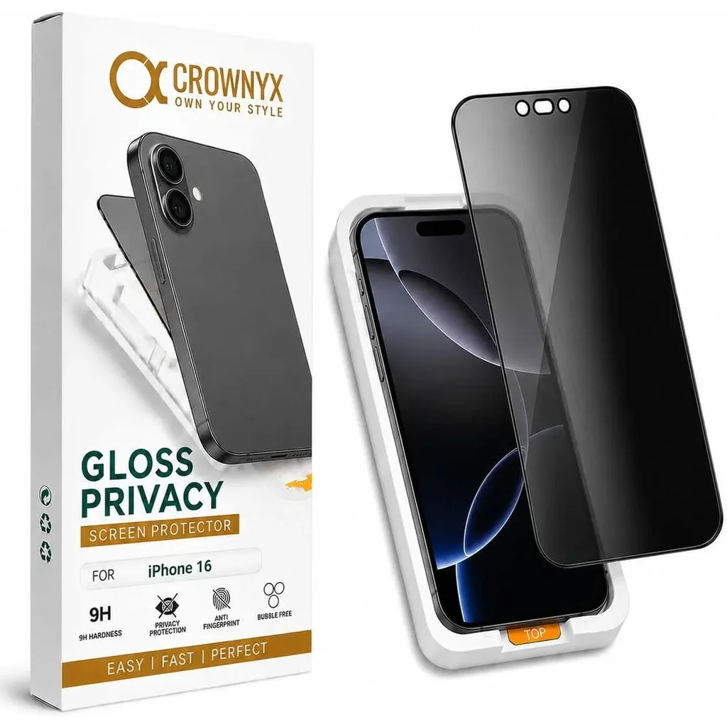 CROWNYX Privacy Screen Protector for iPhone 16, Dust free, Anti Finger Print, Shatter Proof, Scratch Resistant, Anti Spy Tempered Glass, Easy Installation Kit | IP-16-GPSP