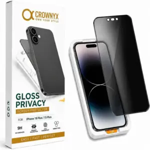 CROWNYX Privacy Screen Protector for iPhone 16 Plus or 15 Plus, Dust free, Anti Finger Print, Shatter Proof, Scratch Resistant, Anti Spy Tempered Glass, Easy Installation Kit | IP-16PL-15PL-GPSP