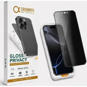 CROWNYX Privacy Screen Protector for iPhone 16 Pro, Dust free, Anti Finger Print, Shatter Proof, Scratch Resistant, Anti Spy Tempered Glass, Easy Installation Kit | IP-16P-GPSP