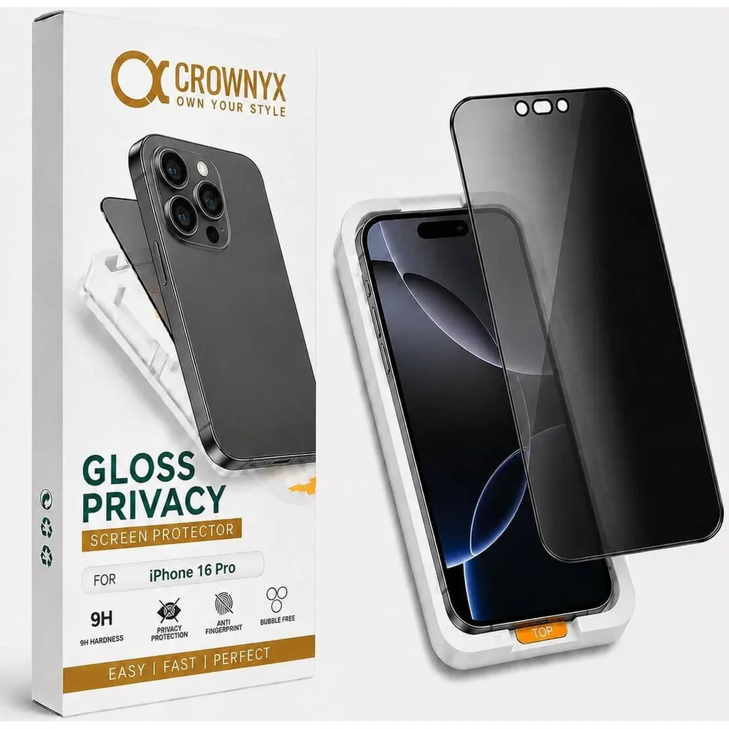 CROWNYX Privacy Screen Protector for iPhone 16 Pro, Dust free, Anti Finger Print, Shatter Proof, Scratch Resistant, Anti Spy Tempered Glass, Easy Installation Kit | IP-16P-GPSP