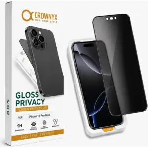 CROWNYX Privacy Screen Protector for iPhone 16 Pro Max, Dust free, Anti Finger Print, Shatter Proof, Scratch Resistant, Anti Spy Tempered Glass, Easy Installation Kit | IP-16PM-GPSP