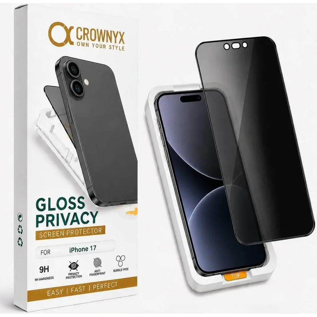 CROWNYX Privacy Screen Protector for iPhone 17, Dust free, Anti Finger Print, Shatter Proof, Scratch Resistant, Anti Spy Tempered Glass, Easy Installation Kit | IP-17-GPSP
