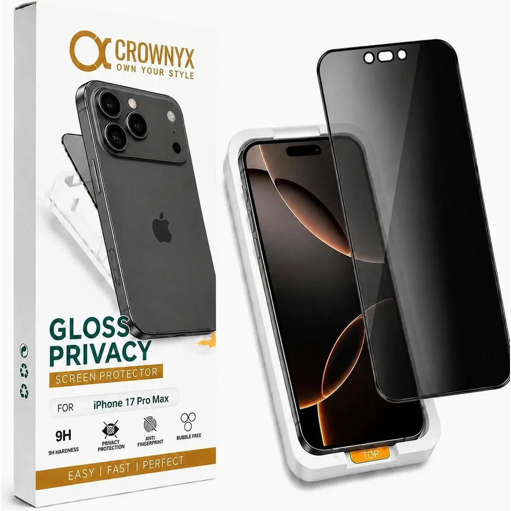 CROWNYX Privacy Screen Protector for iPhone 17 Pro Max, Dust free, Anti Finger Print, Shatter Proof, Scratch Resistant, Anti Spy Tempered Glass, Easy Installation Kit | IP-17PM-GPSP