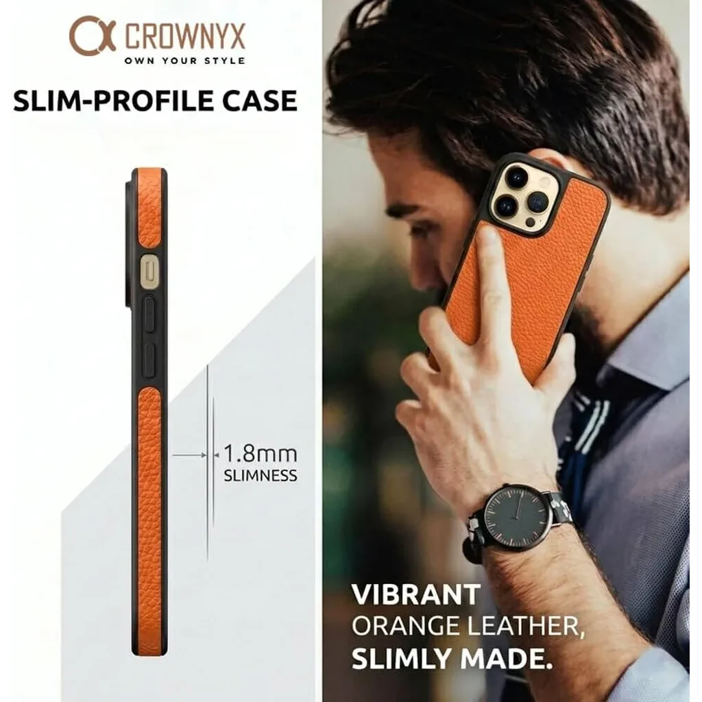CROWNYX Regal Leather Case for Iphone 15, MagSafe Compatible, Anti-Slip Grip, Shockproof, Raised Camera Protection, Orange | IP15-MGSF-RGL-ORG - Image 4