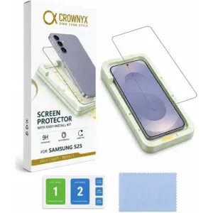 CROWNYX Clear Screen Protector for Samsung Galaxy S25, 9H Hardness, Military Grade Shatterproof, Black Edge Tempered Glass with Easy Installation Tool, Case-Friendly, HD Clear | SAM-S25-CSP