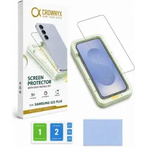 CROWNYX Clear Screen Protector for Samsung Galaxy S25 Plus, 9H Hardness, Military Grade Shatterproof, Black Edge Tempered Glass with Easy Installation Tool, Case-Friendly, HD Clear | SAM-S25PL-CSP