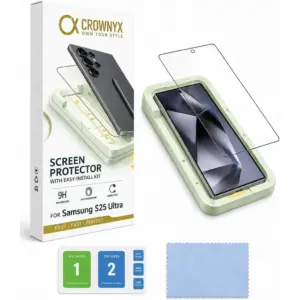CROWNYX Clear Screen Protector for Samsung Galaxy S25 Ultra, 9H Hardness, Military Grade Shatterproof, Black Edge Tempered Glass with Easy Installation Tool, Case-Friendly, HD Clear | SAM-S25ULT-CSP