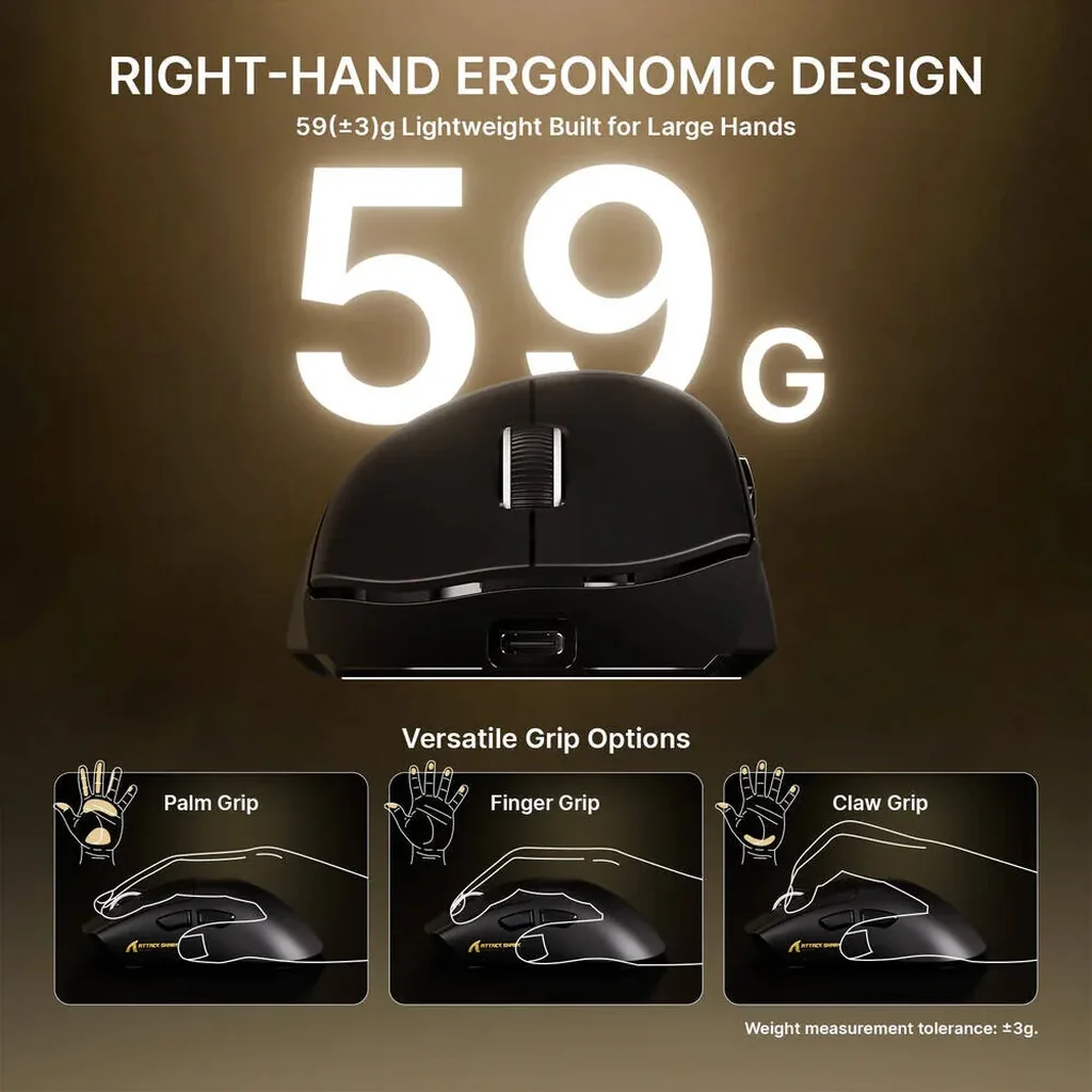 Attack Shark V8 Wireless Gaming Mouse, 8K Polling Rate, 42,000 DPI PAW3950 MAX Sensor, Ultra-Lightweight 59g Esports Mouse, 400H mAh, Tri-Mode Bluetooth, 2.4GHz & Wired Connectivity, Black | V8 - Image 3