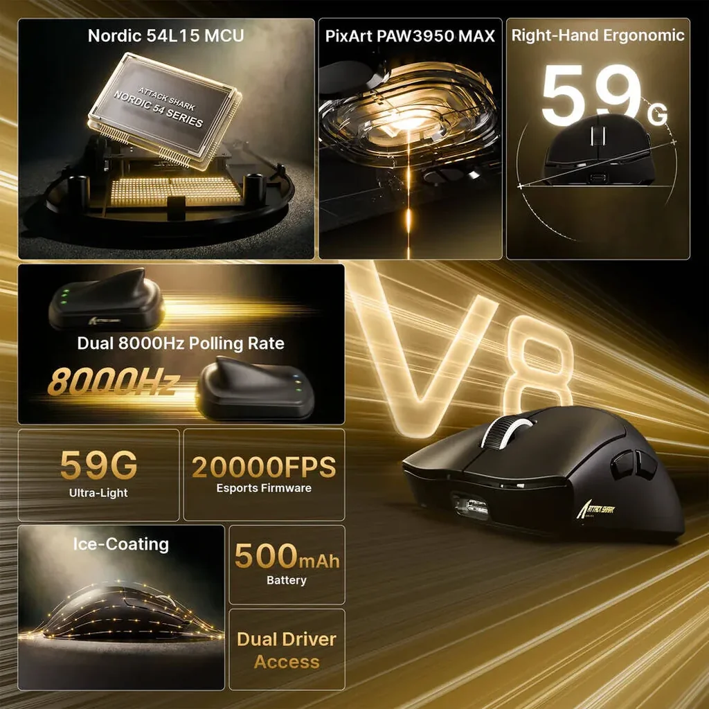 Attack Shark V8 Wireless Gaming Mouse, 8K Polling Rate, 42,000 DPI PAW3950 MAX Sensor, Ultra-Lightweight 59g Esports Mouse, 400H mAh, Tri-Mode Bluetooth, 2.4GHz & Wired Connectivity, Black | V8 - Image 9
