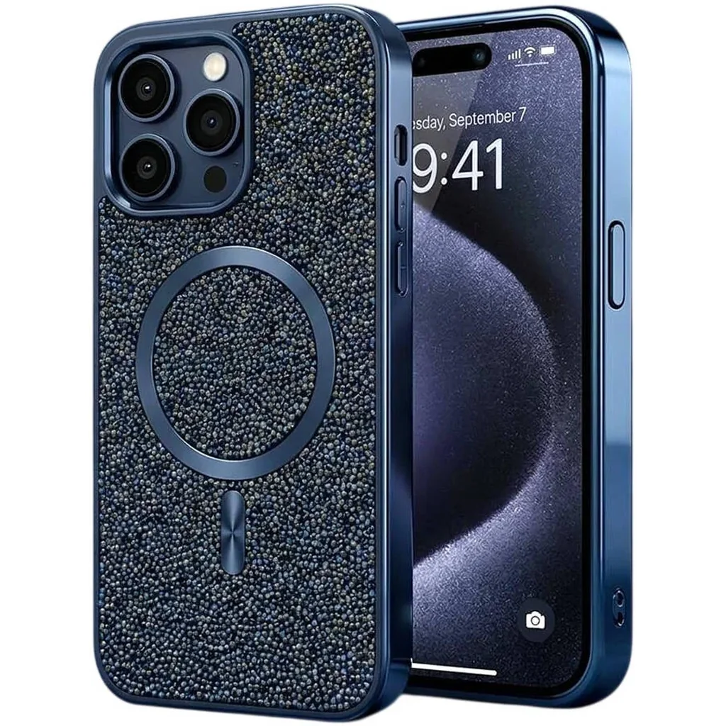 CROWNYX GlamAura Glitter Case for Iphone 16 Pro Max, Magsafe Compatible, Bling Sparkle Shockproof Phone, Bumper Cover, Blue | IP16PM-MGSF-GA-BLU
