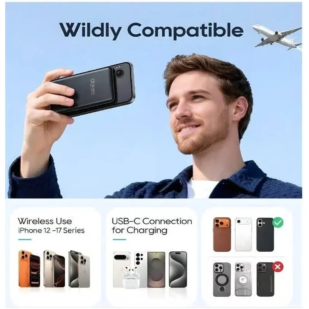 CROWNYX 5000mAh Wireless Power Bank 15W PD Fast Charging, MagSafe Compatible Portable Charger for iPhone, Samsung, Apple Watch & AirPods, Grey | CPB5K4 - Image 5