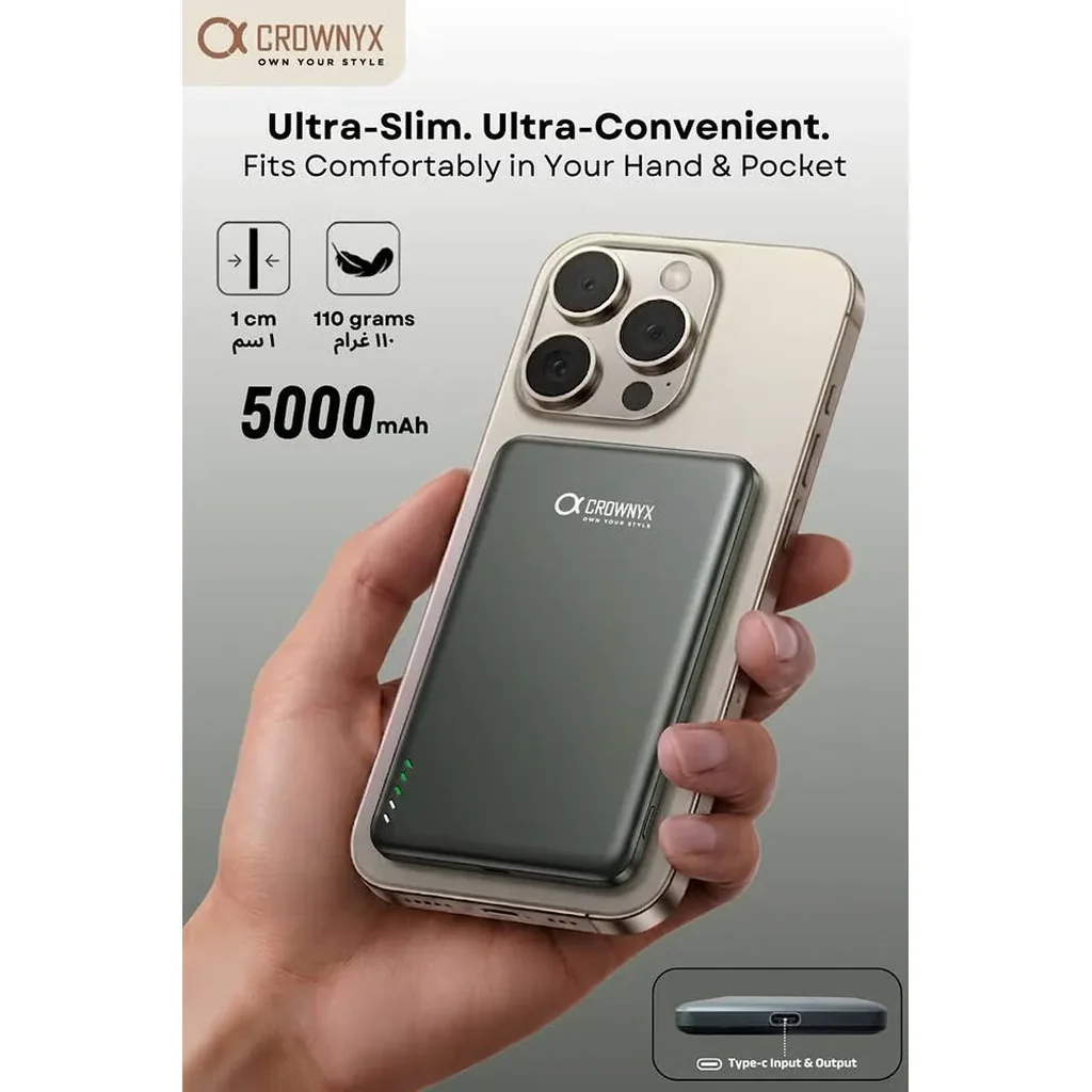CROWNYX 5000mAh Wireless Power Bank 15W PD Fast Charging, MagSafe Compatible Portable Charger for iPhone, Samsung, Apple Watch & AirPods, Grey | CPB5K4 - Image 6