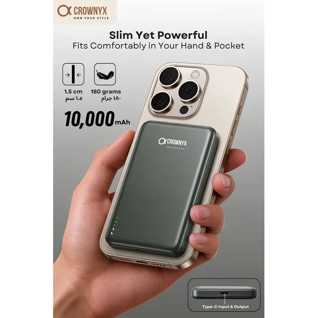 CROWNYX 10000mAh Wireless Power Bank, MagSafe Compatible Magnetic Portable Charger with 15W PD Fast Charging for iPhone 16/15 Series, Apple Watch & AirPods, Grey | CPH10K - Image 2