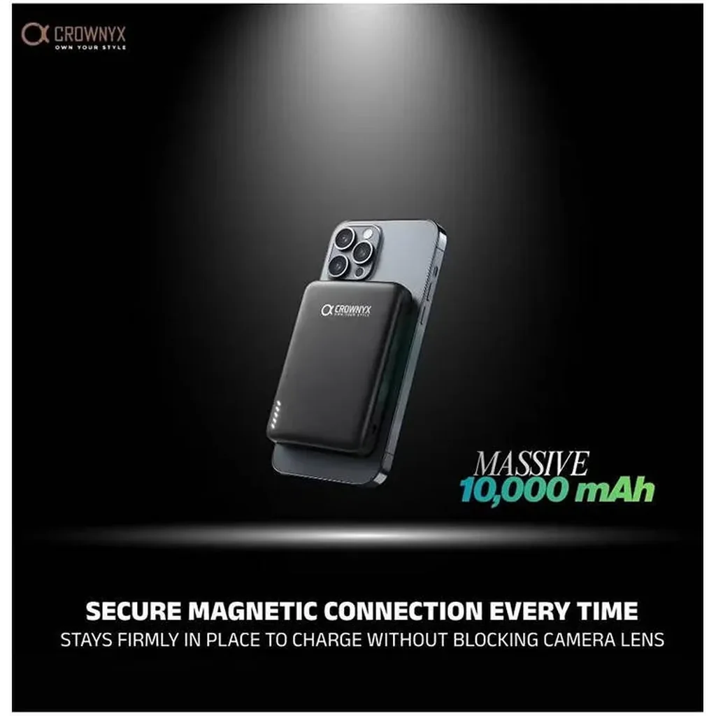CROWNYX 10000mAh Wireless Power Bank, MagSafe Compatible Magnetic Portable Charger with 15W PD Fast Charging for iPhone 16/15 Series, Apple Watch & AirPods, Grey | CPH10K - Image 4