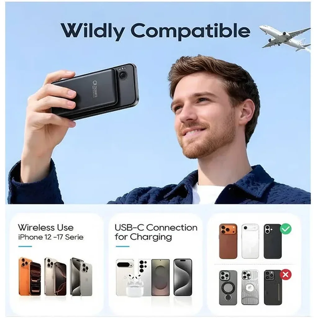 CROWNYX 10000mAh Wireless Power Bank, MagSafe Compatible Magnetic Portable Charger with 15W PD Fast Charging for iPhone 16/15 Series, Apple Watch & AirPods, Grey | CPH10K - Image 7