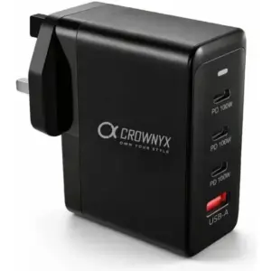 CROWNYX CMC-400 100W Fast Charger, 4-Port USB-C & USB-A PD Wall Adapter for MacBook, Dell, HP, iPad, iPhone 16/15 Pro Max & Samsung Galaxy S24 Ultra Multi-Device Charging, Black | CMC-400