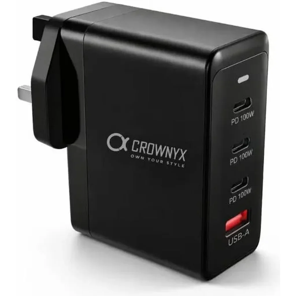 CROWNYX CMC-400 100W Fast Charger, 4-Port USB-C & USB-A PD Wall Adapter for MacBook, Dell, HP, iPad, iPhone 16/15 Pro Max & Samsung Galaxy S24 Ultra Multi-Device Charging, Black | CMC-400