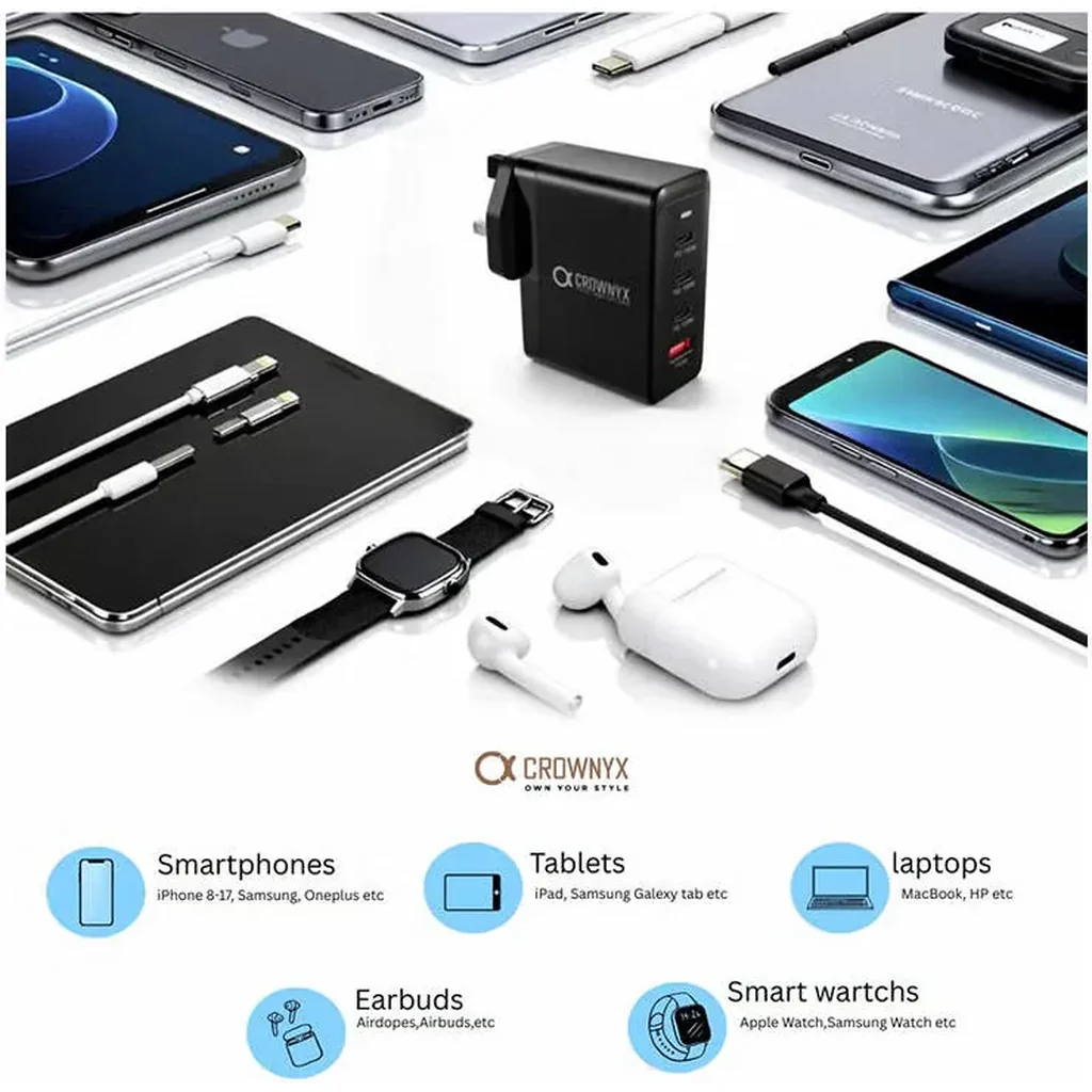 CROWNYX CMC-400 100W Fast Charger, 4-Port USB-C & USB-A PD Wall Adapter for MacBook, Dell, HP, iPad, iPhone 16/15 Pro Max & Samsung Galaxy S24 Ultra Multi-Device Charging, Black | CMC-400 - Image 3