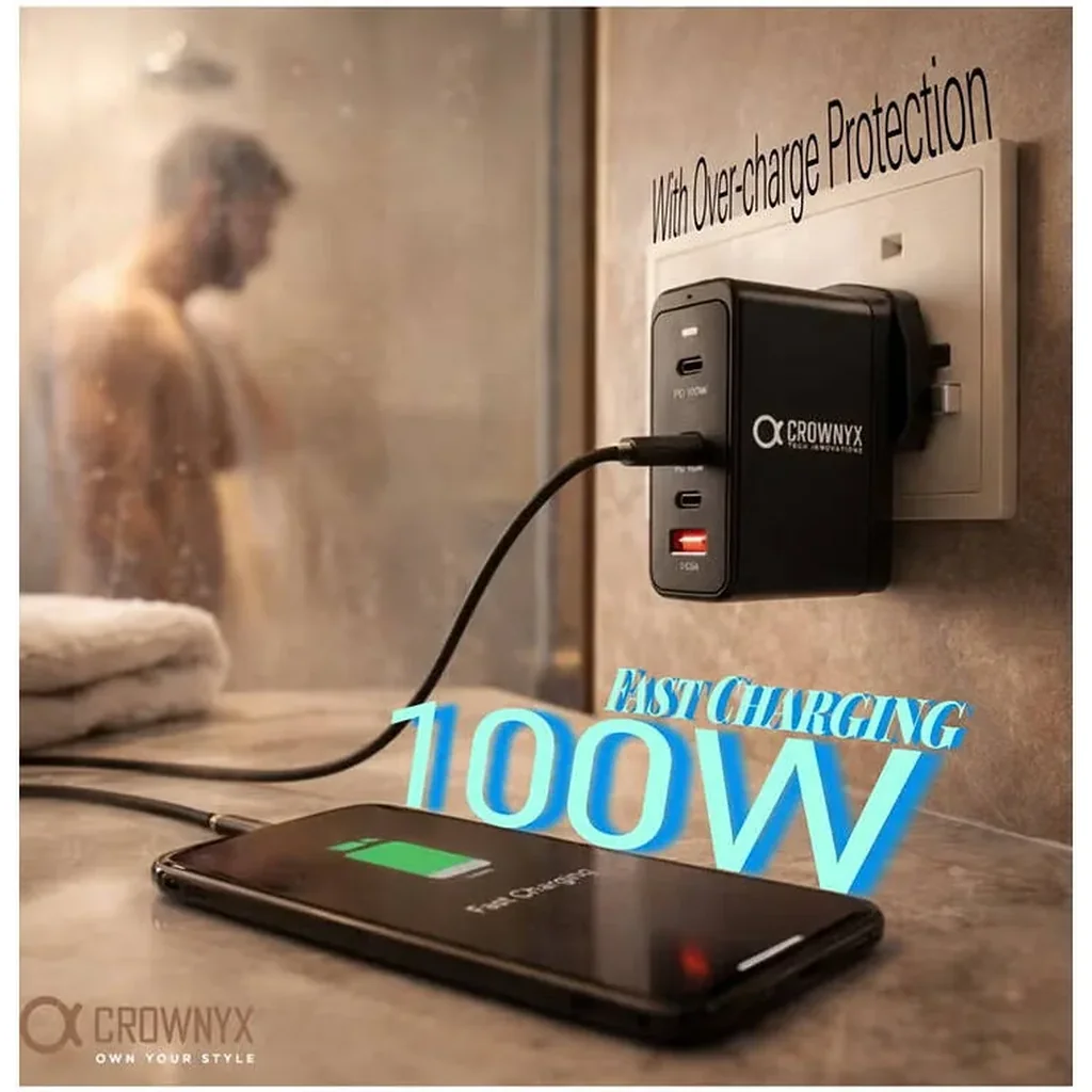 CROWNYX CMC-400 100W Fast Charger, 4-Port USB-C & USB-A PD Wall Adapter for MacBook, Dell, HP, iPad, iPhone 16/15 Pro Max & Samsung Galaxy S24 Ultra Multi-Device Charging, Black | CMC-400 - Image 4