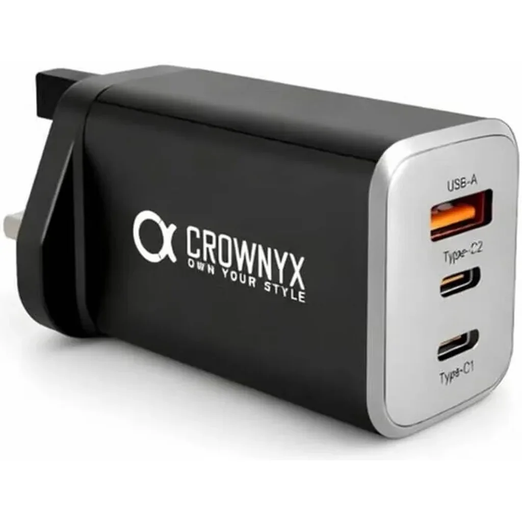 CROWNYX 65W 3-Port Fast Charger, Dual USB-C & USB-A Compact PD Wall Adapter for MacBook, iPhone, Samsung, iPad, Tablets & Travel Use, Black | CMC-365