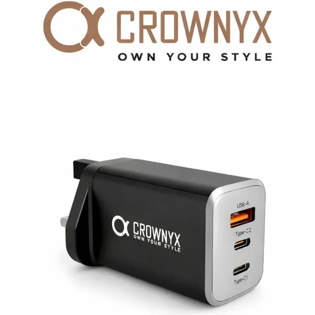 CROWNYX 65W 3-Port Fast Charger, Dual USB-C & USB-A Compact PD Wall Adapter for MacBook, iPhone, Samsung, iPad, Tablets & Travel Use, Black | CMC-365 - Image 3