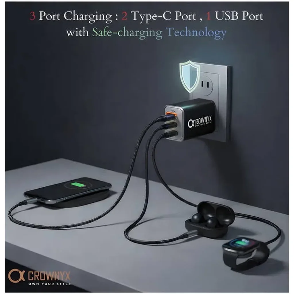 CROWNYX 65W 3-Port Fast Charger, Dual USB-C & USB-A Compact PD Wall Adapter for MacBook, iPhone, Samsung, iPad, Tablets & Travel Use, Black | CMC-365 - Image 4