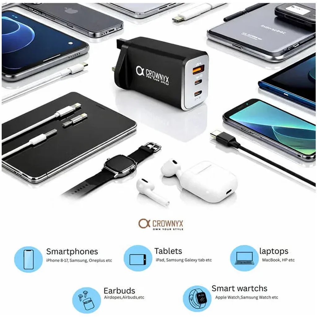 CROWNYX 65W 3-Port Fast Charger, Dual USB-C & USB-A Compact PD Wall Adapter for MacBook, iPhone, Samsung, iPad, Tablets & Travel Use, Black | CMC-365 - Image 5